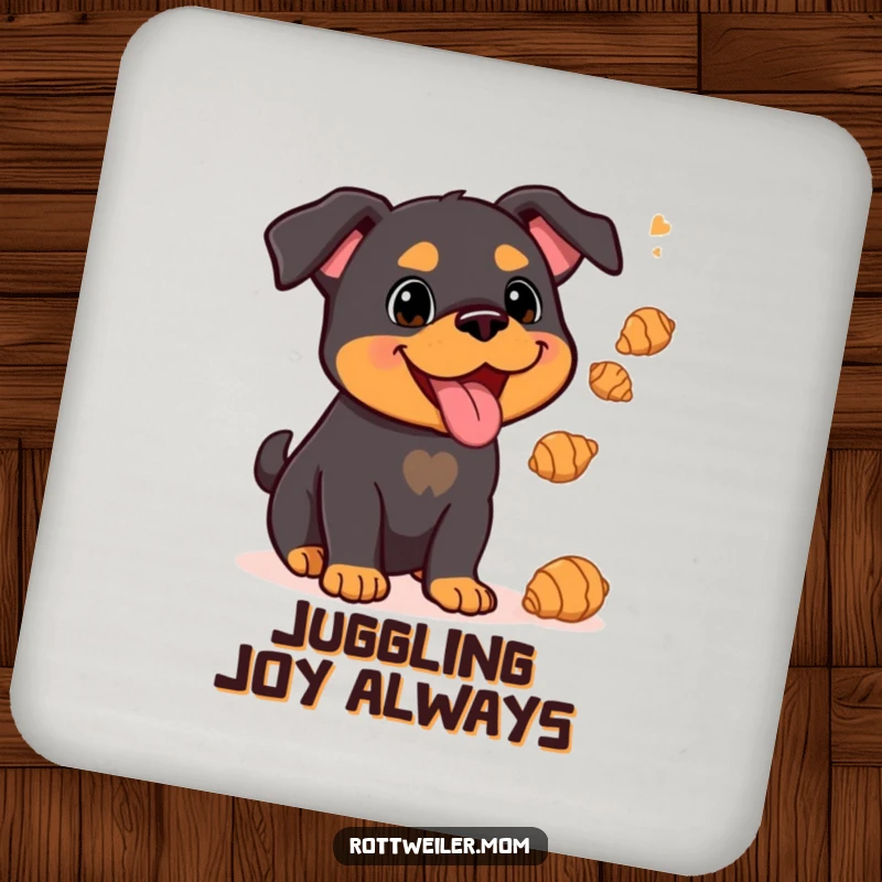 Funny Kawaii Rottweiler juggling croissants on coasters, bringing culinary humor to your home.