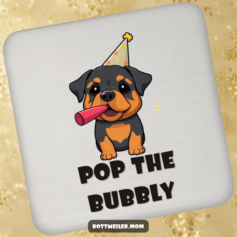 Funny Rottweiler Coaster: A set of coasters featuring a rottweiler with party hat and noisemaker, for protecting surfaces humorously.
