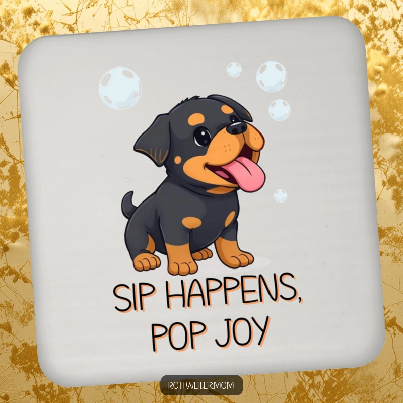 Funny Kawaii Rottweiler with tongue out, playfully catching bubbles on a drink coaster, adding humorous protection.