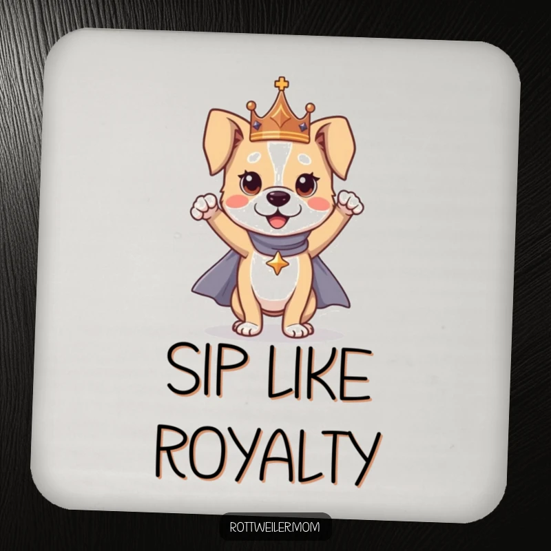 Funny dog hero coaster featuring a dog in a crown and cape striking a heroic pose, a decorative and protective addition.