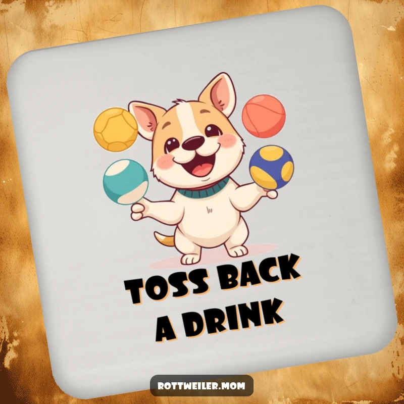 Funny drink coaster featuring a happy dog juggling three colorful balls, adding playful humor to tabletops.
