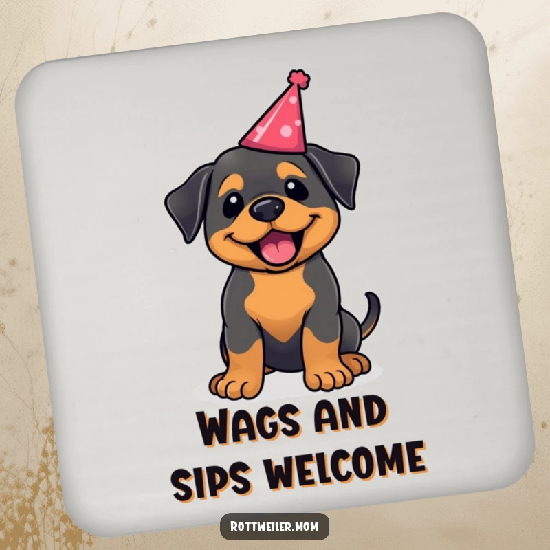 Funny kawaii Rottweiler coasters, a set of coasters with a happy dog wagging its tail in a party hat. Protects tables.