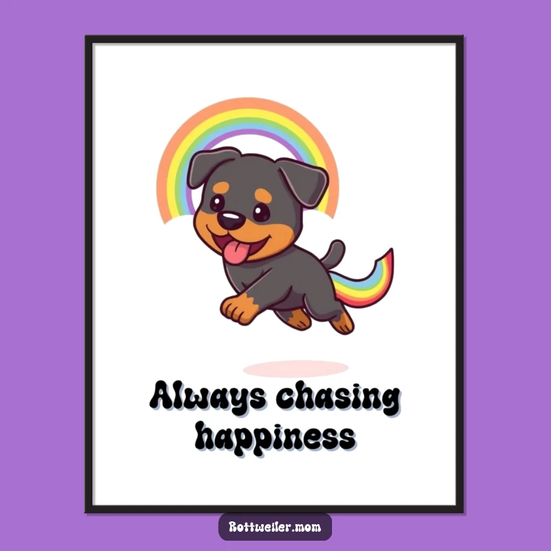 Funny Kawaii Rottweiler Poster: Rainbow Tail Chase, Vibrant & Humorous Art