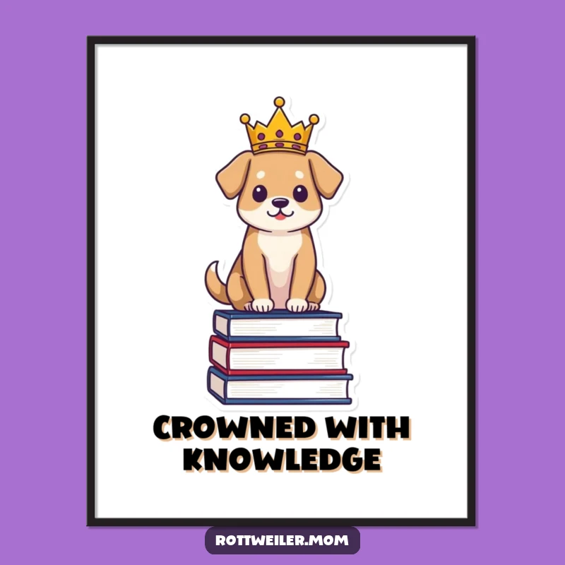 Funny Regal Dog Poster: Crowned Pup on Books - Majestic Wall Art for Book Lovers