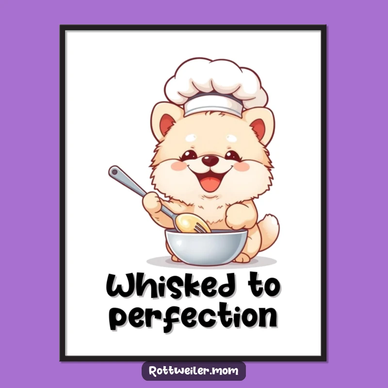 Funny Chef Dog Poster: Fluffy Pup Whisking Batter - Adorable Kitchen Wall Art