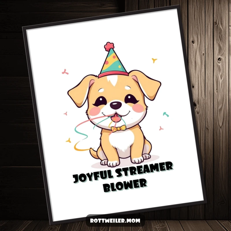 Funny dog poster depicting a dog in a party hat blissfully blowing a streamer, ideal for adding festive humor to any room.