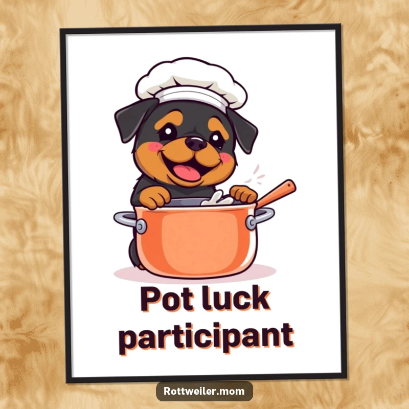Funny Kawaii Rottweiler in chef attire stirring a giant pot on a poster, displaying culinary enthusiasm.