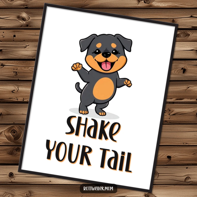 Funny poster featuring a Kawaii Rottweiler performing a silly dance with a wagging tail, a joyful and humorous piece of art.