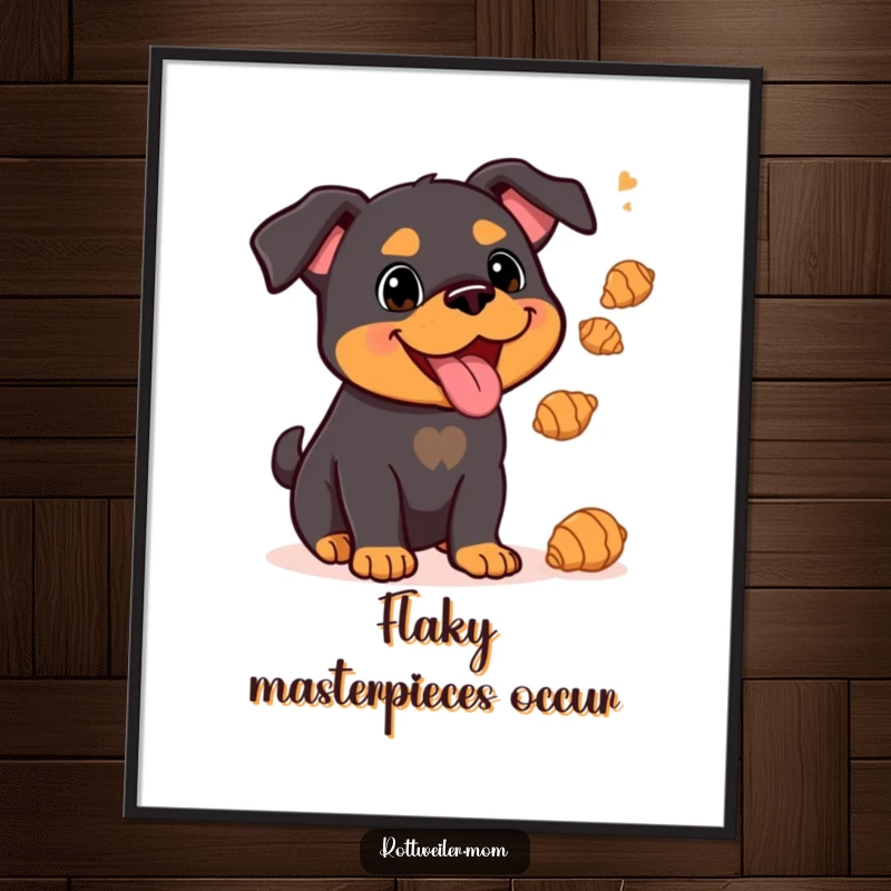 Funny Kawaii Rottweiler juggling numerous croissants on a poster, creating a whimsical and humorous visual.