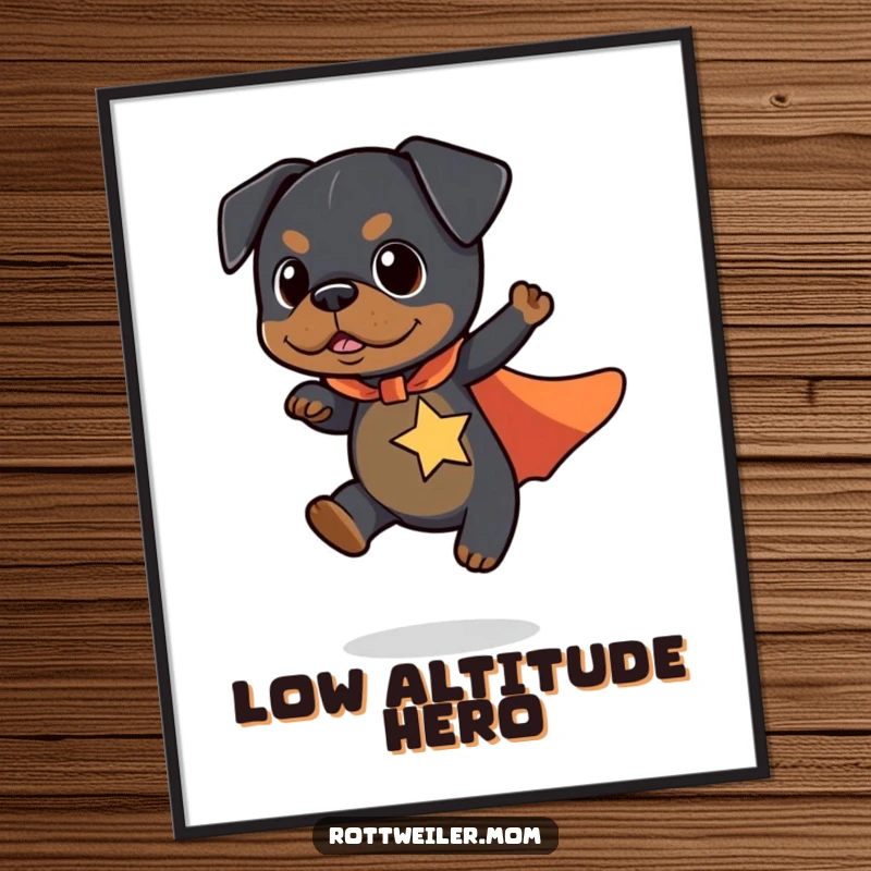 Funny Kawaii Rottweiler Poster showing a cute dog in a superhero cape flying a short distance, looking heroic and funny.