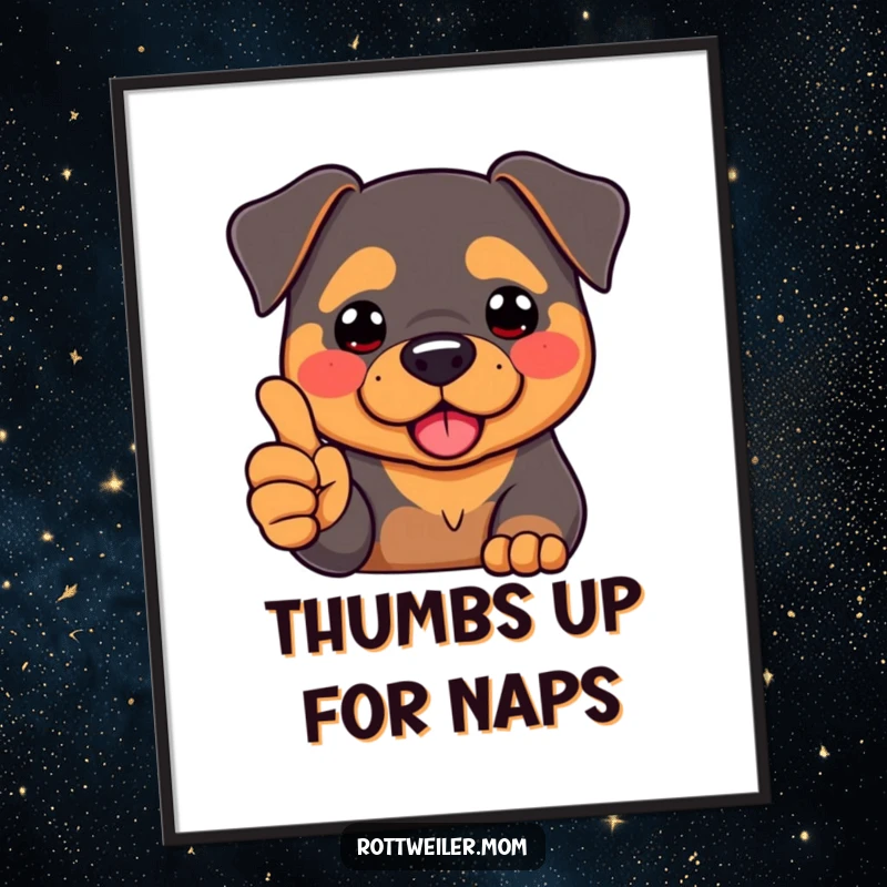 Funny Kawaii Rottweiler with rosy cheeks, giving a clear thumbs-up with its paw, a symbol of positivity and humor.