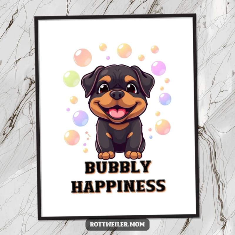 Funny poster featuring a smiling Rottweiler surrounded by floating, colorful bubbles, creating joyful and humorous wall art.