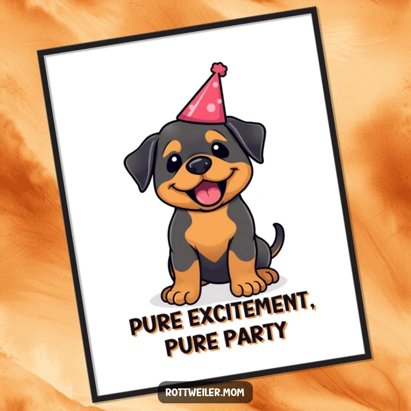Funny kawaii Rottweiler poster, a joyful dog art print wagging its tail in a party hat. Great for party decor.