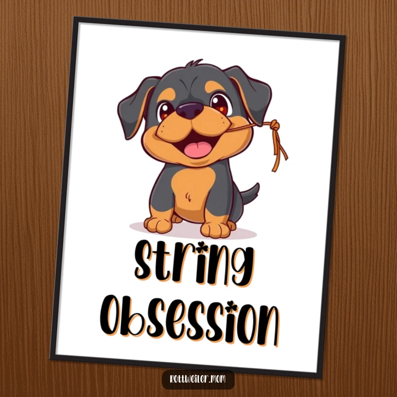 Funny Rottweiler poster of a playful pup with happy eyes, batting at a dangling string, adding cheerful and humorous decor.