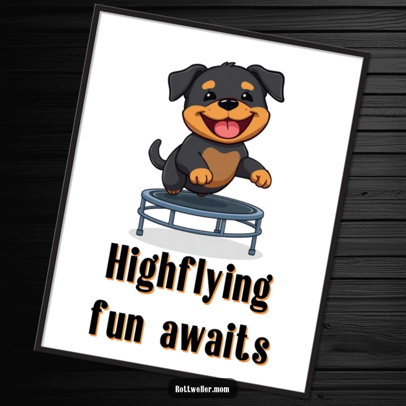 Funny Rottweiler puppy soaring on a trampoline, captured mid-air with a huge grin on this poster.