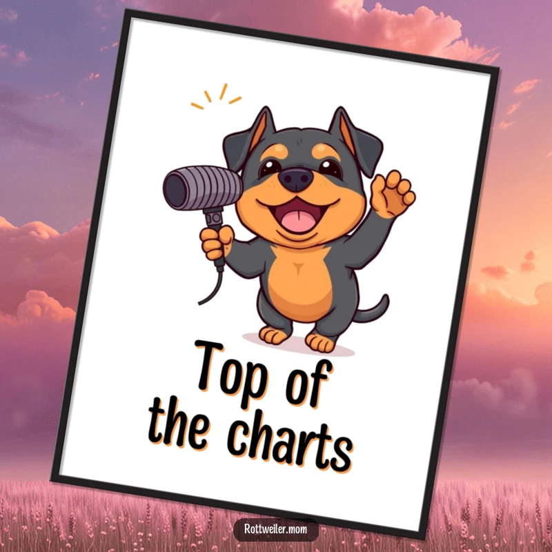 Funny Rottweiler poster of an excited dog holding a giant microphone, ready to perform, bringing musical energy and humor to decor.