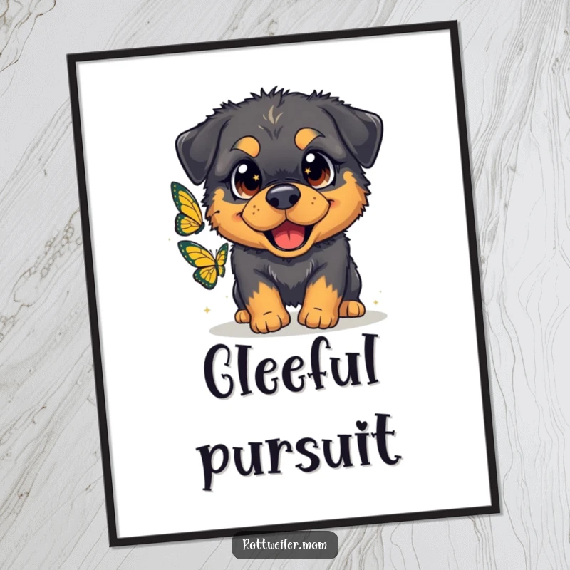 Funny poster illustrating a fluffy Rottweiler with oversized, sparkling eyes gleefully chasing a butterfly in a heartwarming scene.