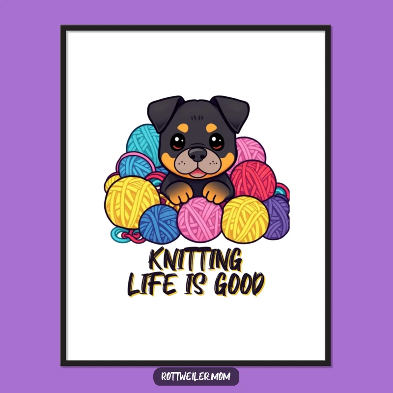 Funny Kawaii Rottweiler Poster: Yarn Pile Peek, Cozy & Humorous Art