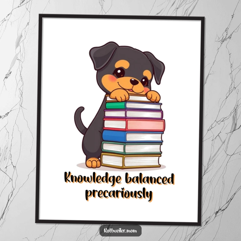 Funny Rottweiler poster of a determined dog balancing a large stack of books, perfect for study rooms or libraries with a humorous touch.