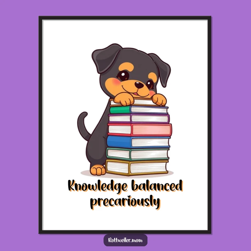 Funny Rottweiler Book Stack Poster - Determined Scholar Wall Art