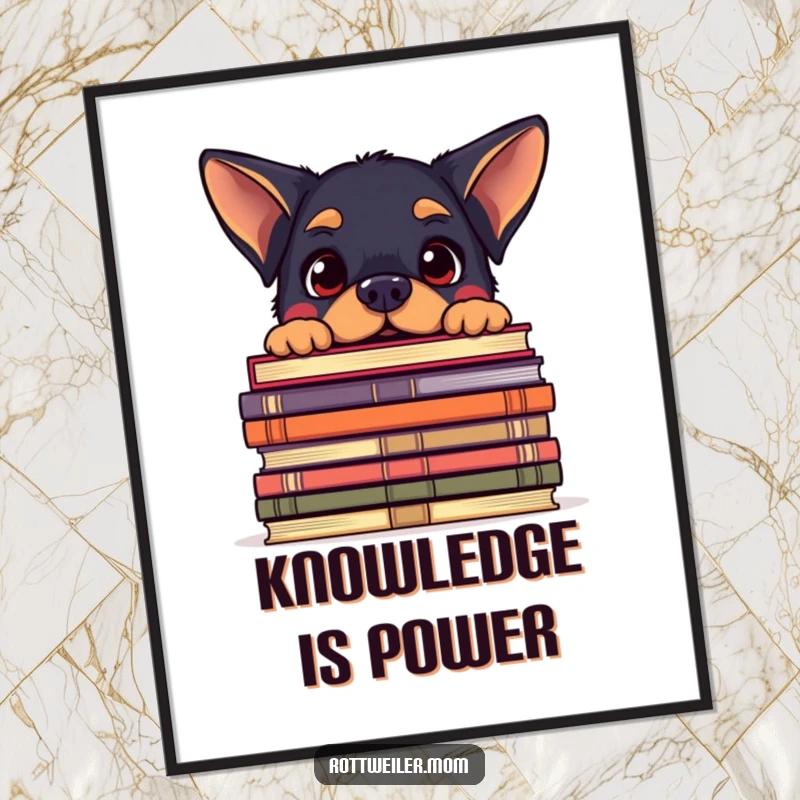 Funny poster: a kawaii Rottweiler peeking over a giant stack of books with an amused expression, celebrating reading.