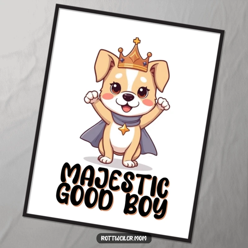 Funny dog poster displaying a dog in a crown and cape, striking a heroic pose, perfect for adding regal humor to walls.
