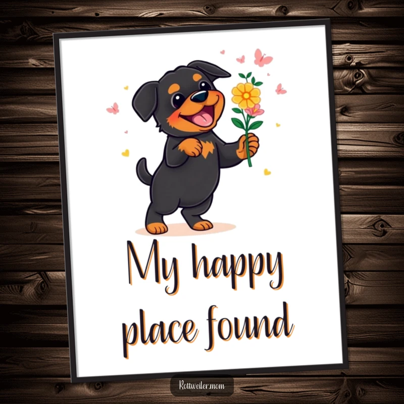 Funny Rottweiler Poster: A rottweiler joyfully dances, holding a big bouquet of flowers, creating a cheerful and vibrant wall art.