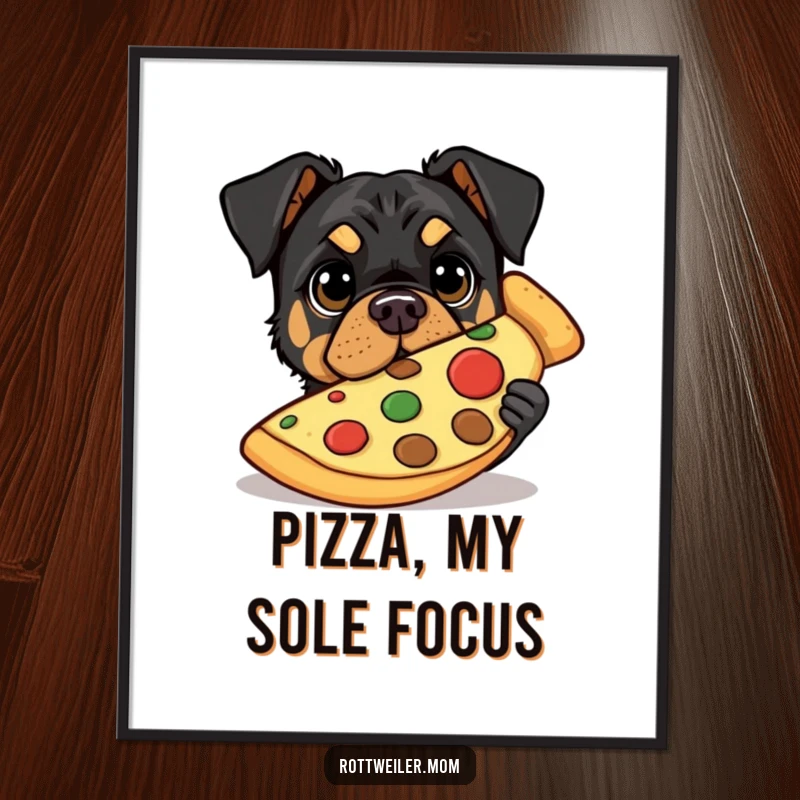 Funny poster of a Rottweiler with wide eyes peeking from behind a huge slice of pizza, a humorous scene.
