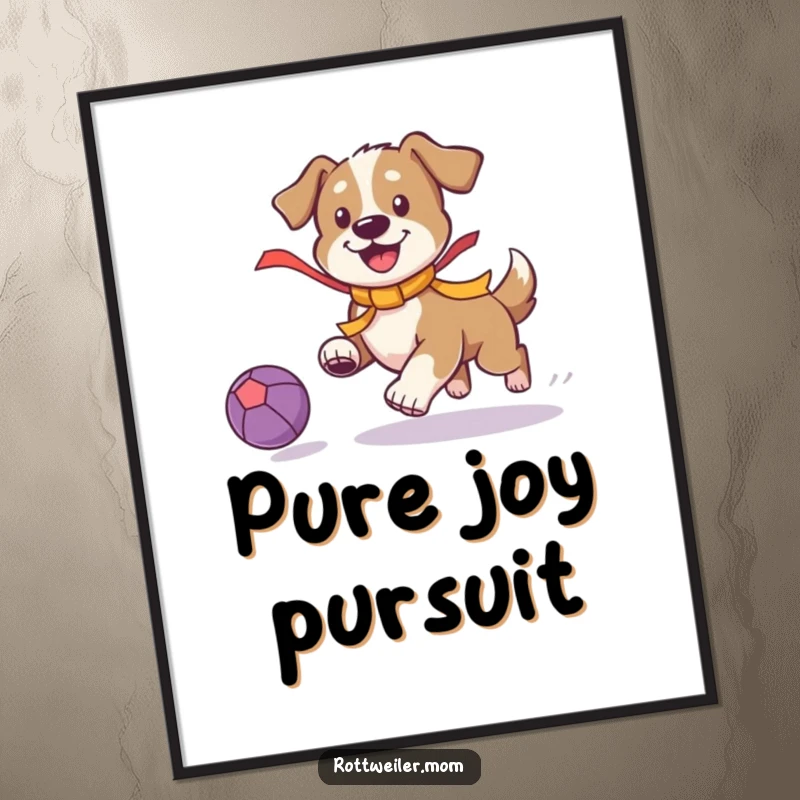 Funny Playful Dog Poster: Dog with a ribbon playfully chases a bouncing ball, capturing energetic fun.