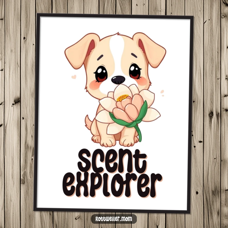 Funny dog poster depicting a dog with curious eyes sniffing a giant flower, a charming and humorous piece of wall art.