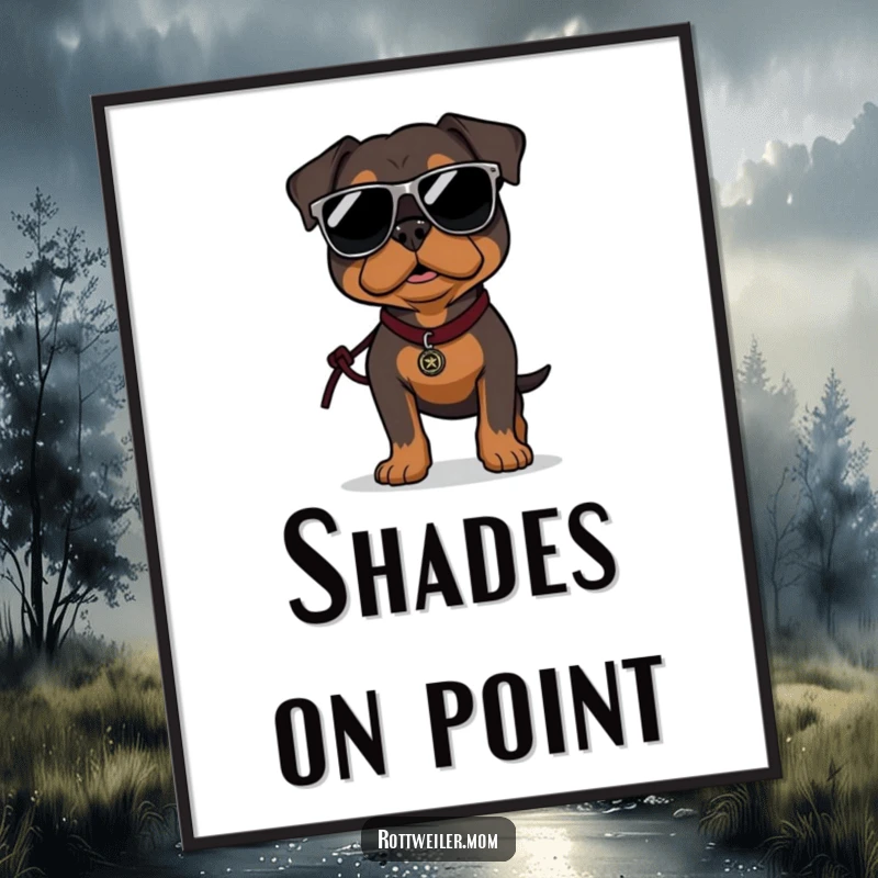 Funny Rottweiler poster showing a dog wearing oversized sunglasses and confidently strutting on a leash, exuding major cool.