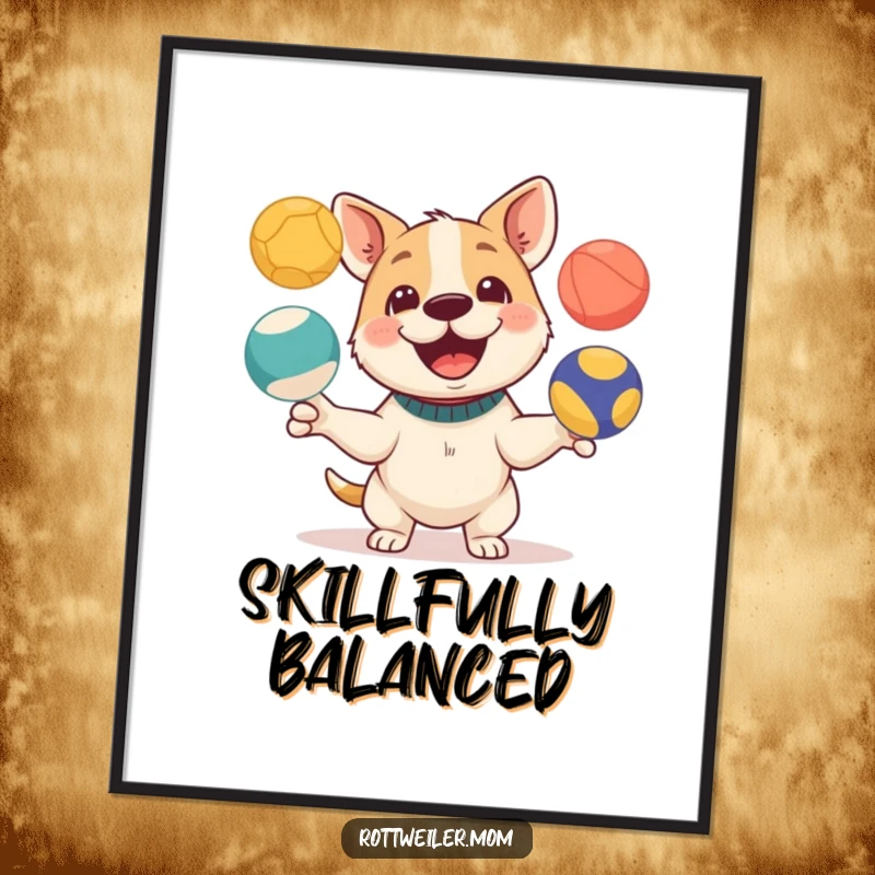 Funny poster of a dog with a playful expression, impressively juggling three colorful balls, adding vibrant humor.