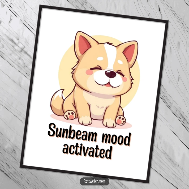Funny Stocky Dog Poster, capturing a happy sigh from a dog basking contentedly in a warm sunbeam, ideal for peaceful decor.