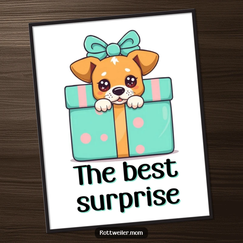 Funny peek-a-boo dog poster, a dog with sparkling eyes peeking from behind a large, colorful gift, full of curiosity.
