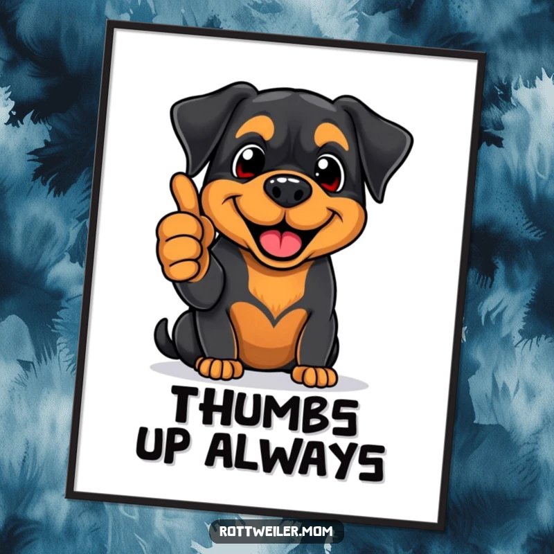 Funny Rottweiler poster of an enthusiastic pup giving a thumbs-up with a big smile, perfect for spreading positive and humorous decor.