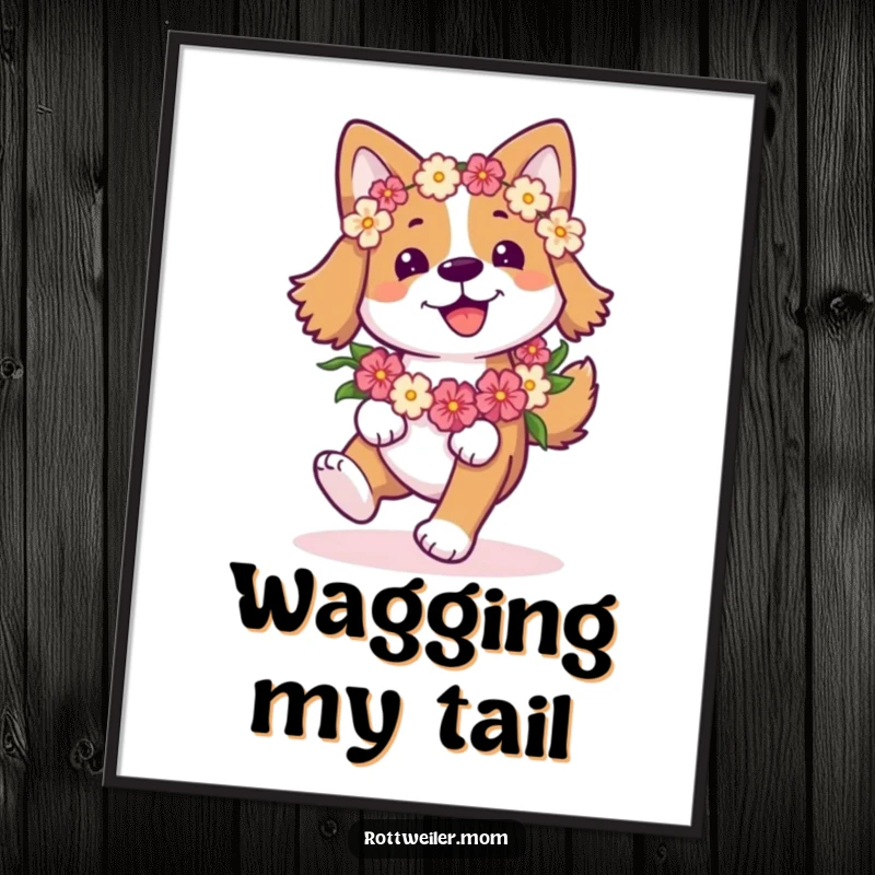 Funny Happy Dog Poster: Dog with a flower garland joyfully prances, embodying happiness and vibrant energy.