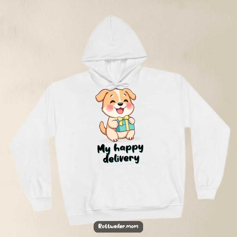 Funny cheerful dog hoodie, a happy dog wagging its tail with pure excitement, holding a festive gift box.