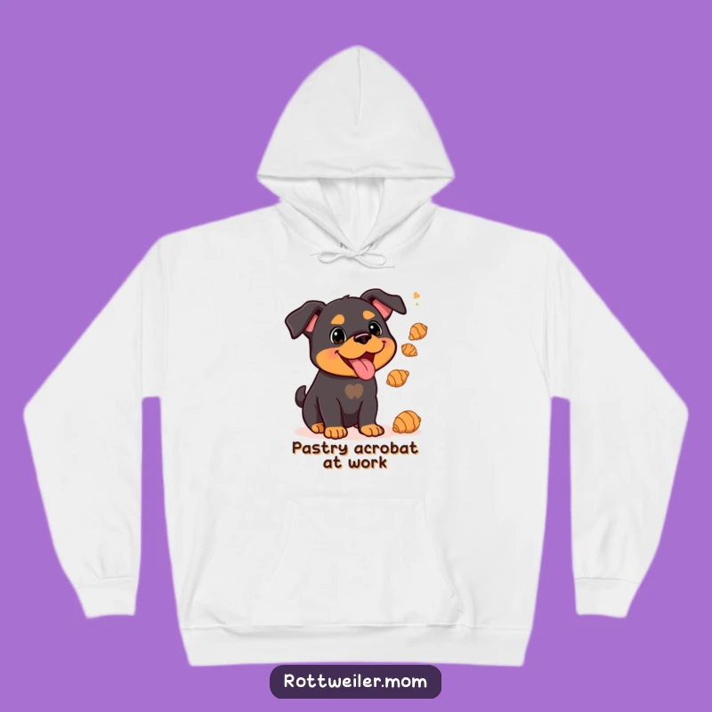 Cozy Funny Kawaii Rottweiler Hoodie: Juggling Croissants, Warm & Whimsical Gift