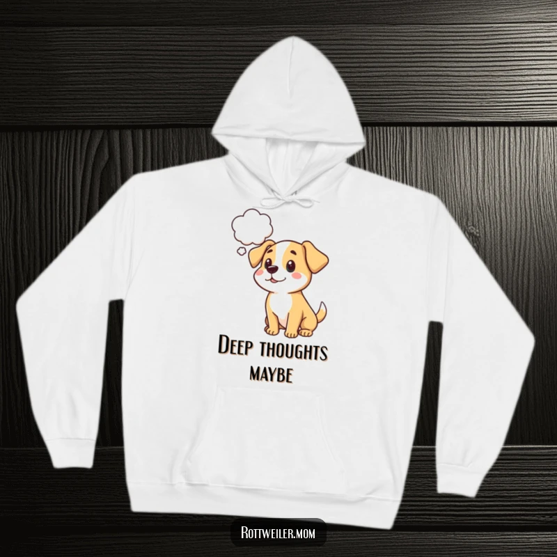 Funny cartoon dog hoodie with a thought bubble above its head, evoking curiosity and humor about canine contemplation.