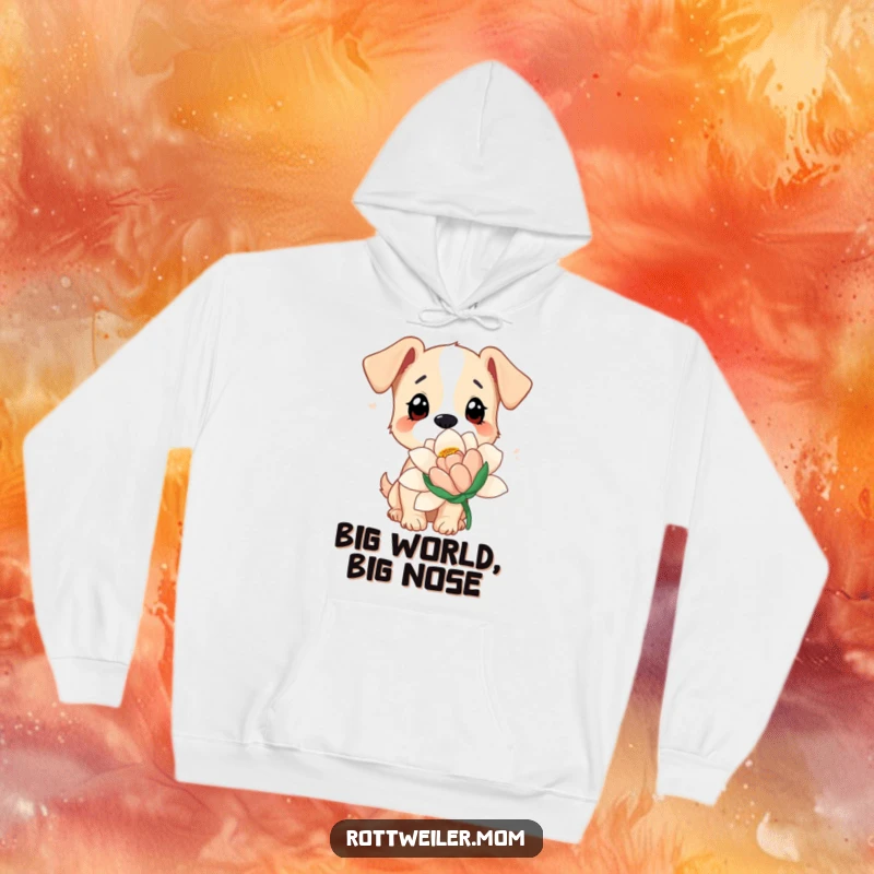 Funny dog hoodie showing a dog with wide, curious eyes sniffing a giant flower, combining comfort with botanical humor.