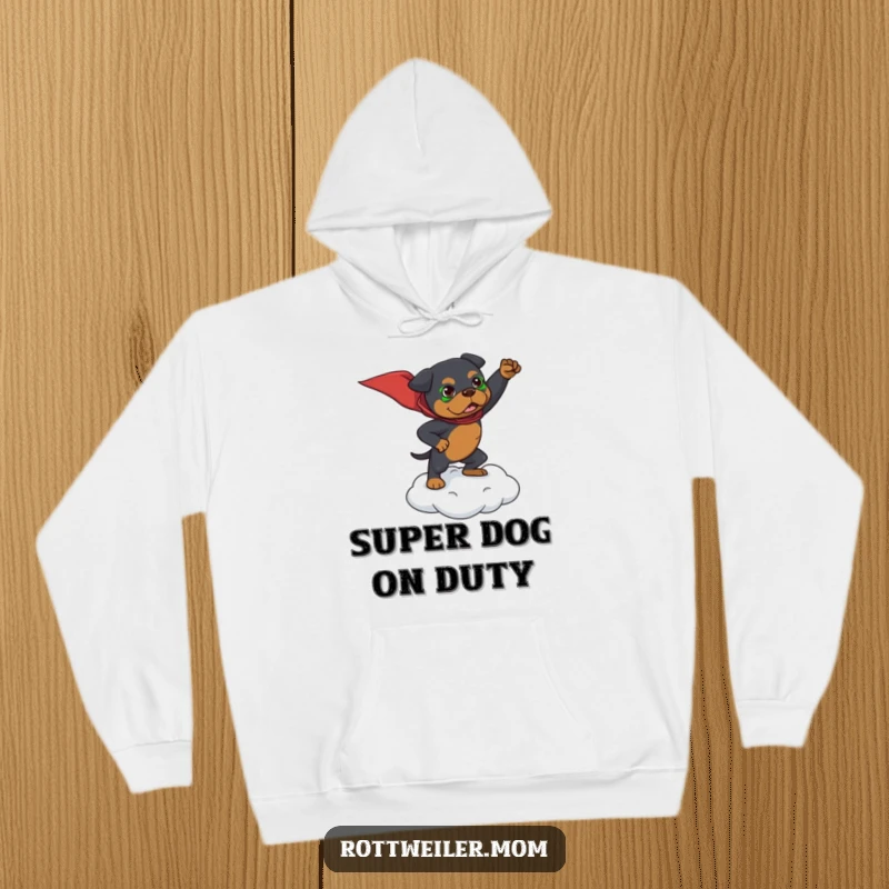 Funny hoodie displaying a Rottweiler in a superhero stance on a small cloud, symbolizing strength and heroic spirit.