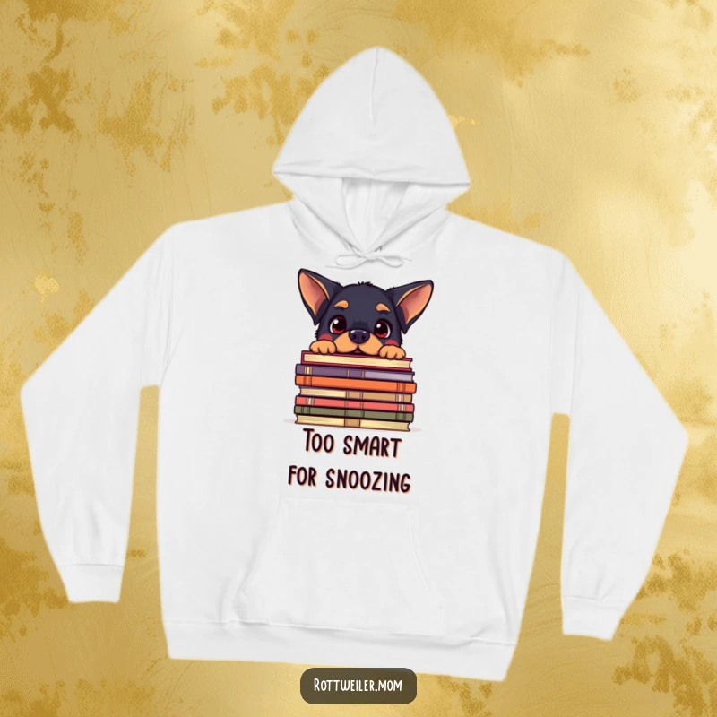 Funny hoodie depicting a kawaii Rottweiler peeking over a giant stack of books with an amused look, perfect for book lovers.
