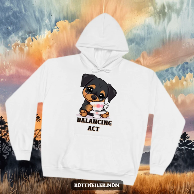 Funny hoodie depicting a kawaii Rottweiler with big eyes, precariously balancing a teacup, perfect for cozy, humorous moments.