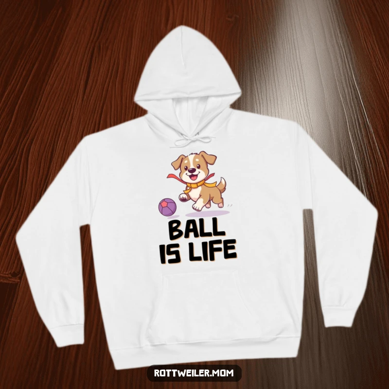Funny Playful Dog Hoodie: Dog with a ribbon chasing a ball, offering warm, energetic, and humorous comfort.