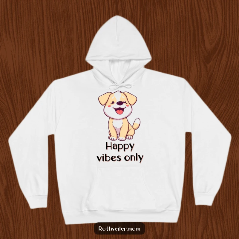 Funny dog hoodie, a happy dog with a fast-wagging tail and panting mouth, conveying pure bliss and comfort.