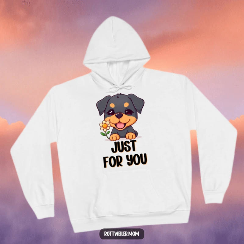 Funny Kawaii Rottweiler Hoodie featuring a cute dog winking while offering a single, bright flower with a gentle expression.
