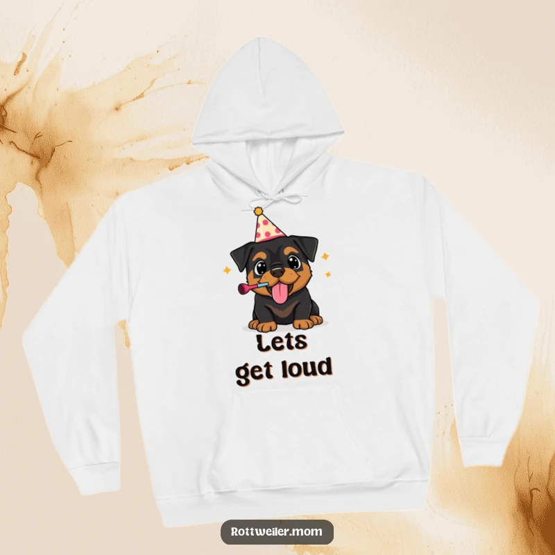 Funny hoodie featuring a Rottweiler puppy in a party hat, exuberantly blowing a noisemaker, offering cozy comfort and festive humor.