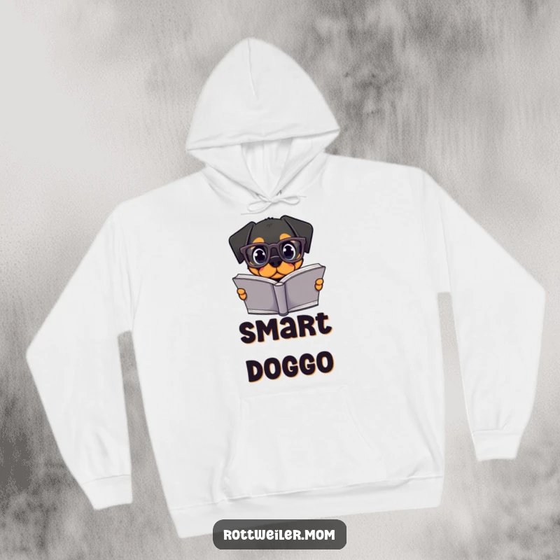 Funny Kawaii Rottweiler Hoodie featuring an adorable dog with oversized glasses, deeply immersed in reading, a funny gift idea.