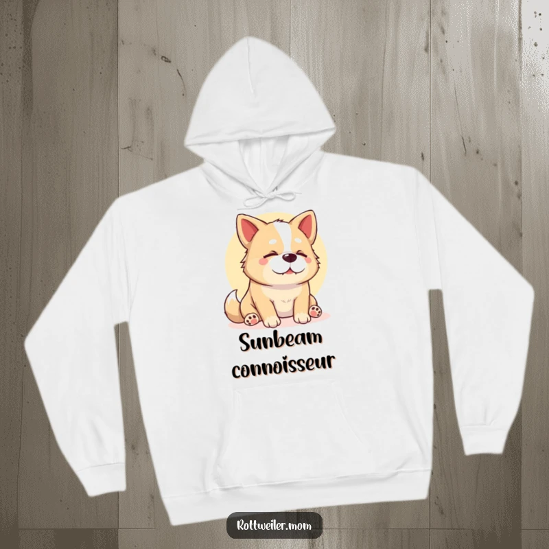 Funny Stocky Dog Hoodie, illustrating a contented sigh from a dog basking in a warm sunbeam, perfect for cozy relaxation.