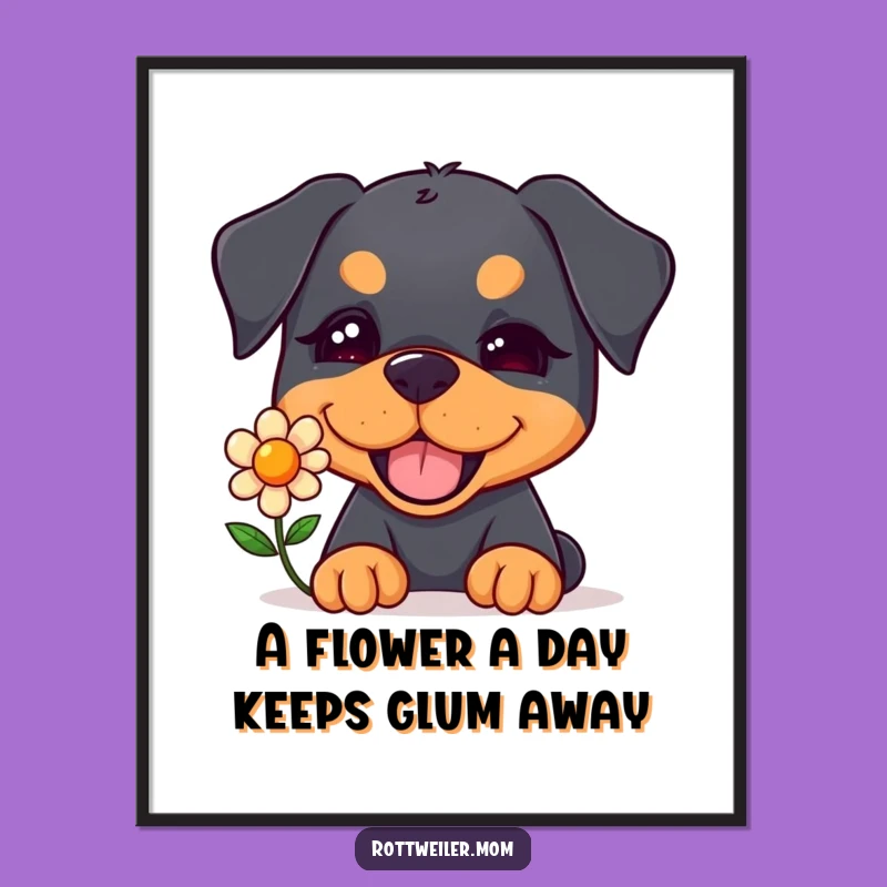 Free Printable Wall Art: Winking Kawaii Rottweiler Flower, Humorous Decor